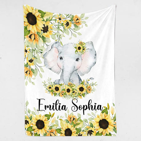 Blankets Baby Blanket - Personalized Baby Blanket for Girl with Name, Custom Baby Blanket, Baby Girl Blanket, Sunflower Elephant Blanket, 30x40 50x60 60x80