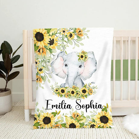 Blankets Baby Blanket - Personalized Baby Blanket for Girl with Name, Custom Baby Blanket, Baby Girl Blanket, Sunflower Elephant Blanket, 30x40 50x60 60x80