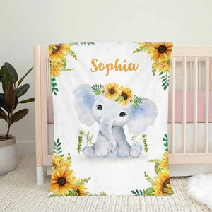 Blankets Baby Blankets with Name Sunflower Elephant, Customized Blankets for Newborn Baby, for Boys & Girls