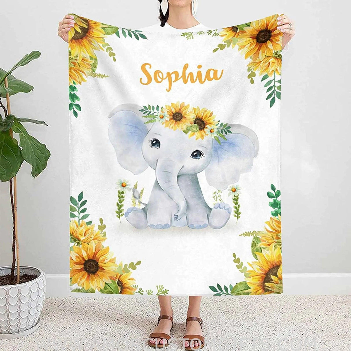 Blankets Baby Blankets with Name Sunflower Elephant, Customized Blankets for Newborn Baby, for Boys & Girls