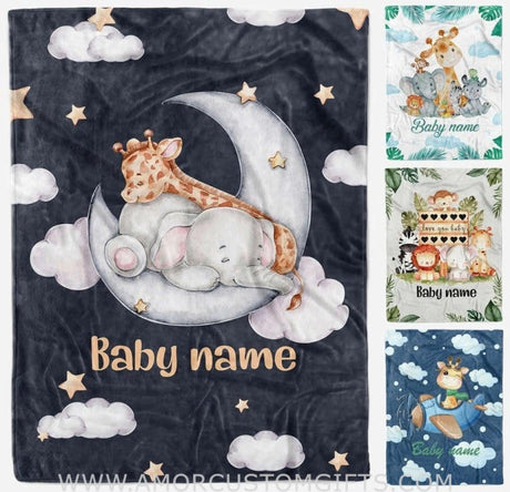 Blankets USA MADE Baby Boy Animal Blanket,Baby Blanket Elephant,Giraffe with Name, Personalized Baby Boy Blanket, Newborn Boy Gift