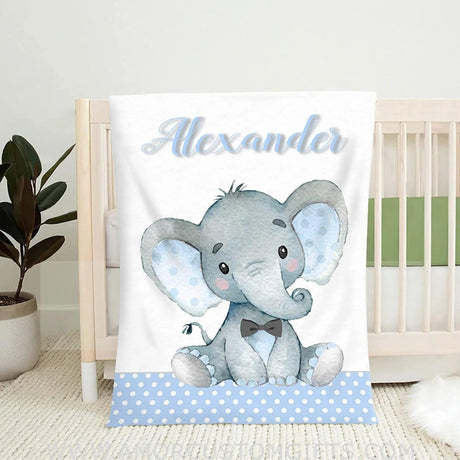 Blankets USA MADE Baby Boy Blanket - Baby Blanket for Boy with Name, Custom Baby Blanket for Boy, Nusery Elephant Blue Baby Name Blanket