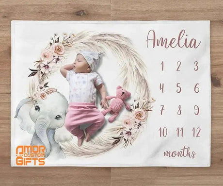 Blankets Baby Milestone Blanket - Milestone Blanket, Custom Elephant Girl Blanket, Personalized Pampas Leaves Baby Month Blanket