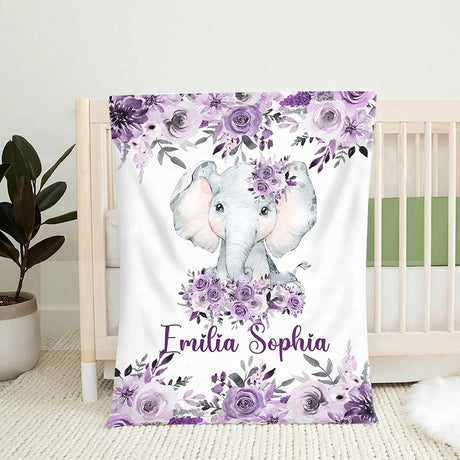 Blankets Custom Baby Blanket, Personalized Baby Blanket, Baby Girl Blanket, Violet Elephant Pink Blanket, 30x40 50x60 60x80