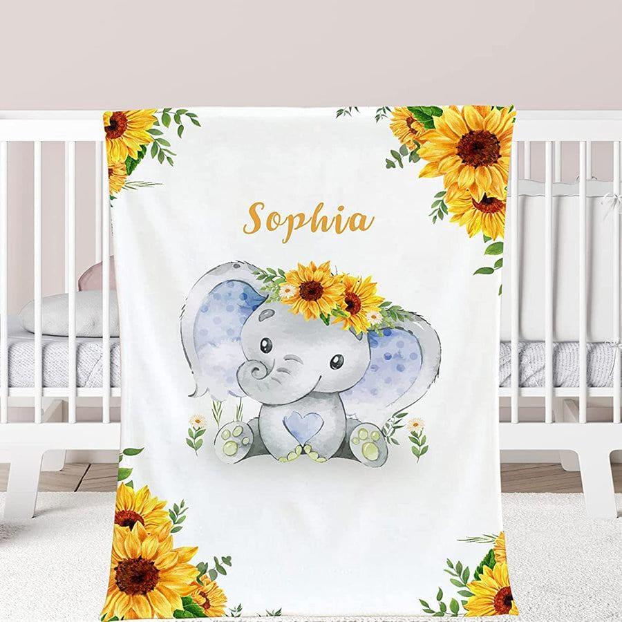 Blankets Custom Baby Blanket with Name for Baby Boy Girls，Personalized Purple Elephant Flower Design Soft Throws Blanket for Kids