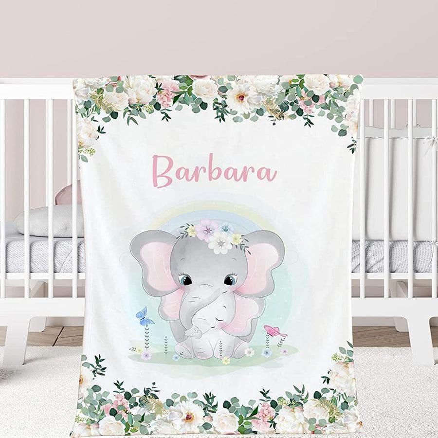 Blankets Custom Baby Blanket with Name for Baby Boy Girls，Personalized Purple Elephant Flower Design Soft Throws Blanket for Kids