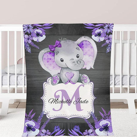 Blankets USA MADE Custom Baby Blanket with Name for Baby Boy Girls，Personalized Purple Elephant Flower Design Soft Throws Blanket for Kids