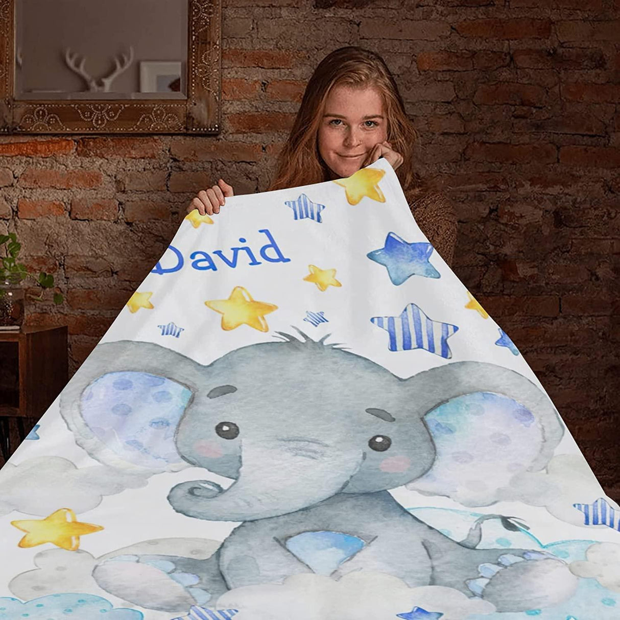 Blankets USA MADE Custom Baby Blankets, Best Gift for Baby, Newborn Elephants Flush Fleece - Starry Elephant Blanket