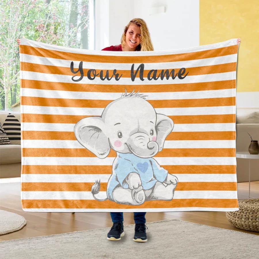 Blankets USA MADE Custom Name Blanket Baby Boy Elephant, Personalized Boy Name Blanket, Baby Name Elephant Blanket, Kids Elephant Throw Blanket