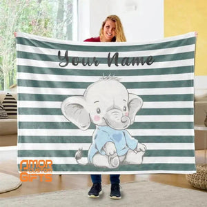 Blankets USA MADE Custom Name Blanket Baby Boy Elephant, Personalized Boy Name Blanket, Baby Name Elephant Blanket, Kids Elephant Throw Blanket