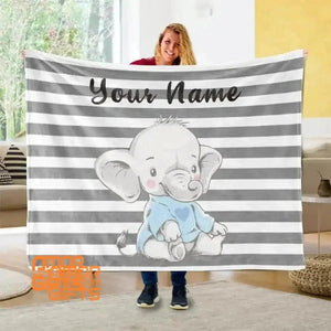 Blankets USA MADE Custom Name Blanket Baby Boy Elephant, Personalized Boy Name Blanket, Baby Name Elephant Blanket, Kids Elephant Throw Blanket