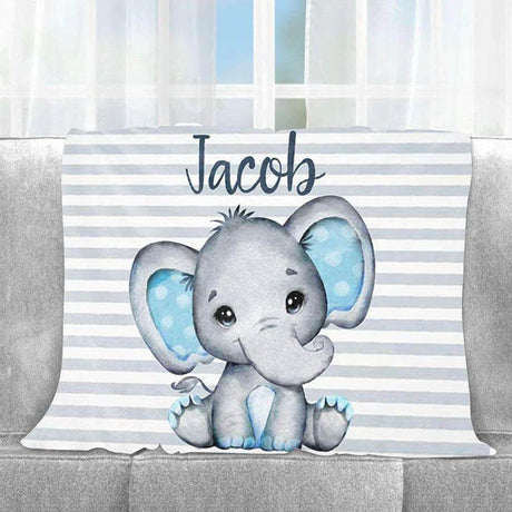 Blankets USA MADE Custom Name Blanket Baby Boy Elephant, Personalized Boy Name Blanket, Baby Name Elephant Blanket, Kids Elephant Throw Blanket