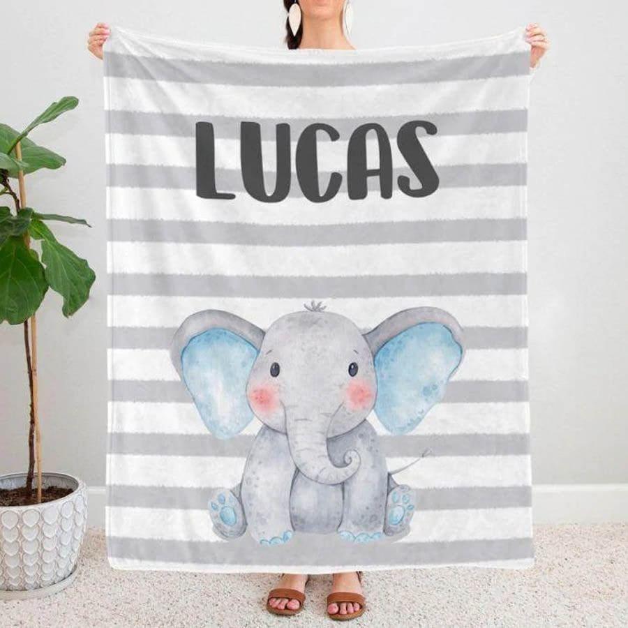 Blankets USA MADE Custom Name Blanket Baby Boy Elephant, Personalized Boy Name Blanket, Baby Name Elephant Blanket, Kids Elephant Throw Blanket