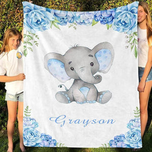 Blankets USA MADE Custom Name Blanket Baby Boy Elephant, Personalized Boy Name Blanket, Baby Name Elephant Blanket, Kids Elephant Throw Blanket