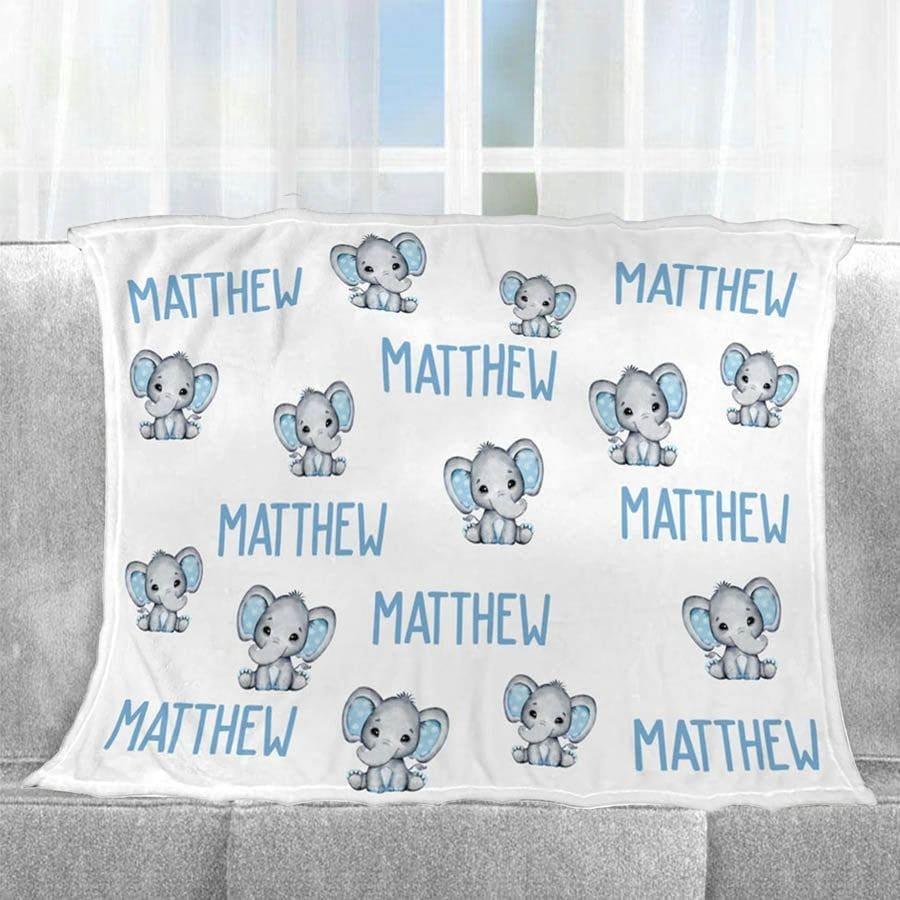 Blankets USA MADE Custom Name Blanket Baby Boy Elephant, Personalized Boy Name Blanket, Baby Name Elephant Blanket, Kids Elephant Throw Blanket