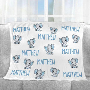 Blankets USA MADE Custom Name Blanket Baby Boy Elephant, Personalized Boy Name Blanket, Baby Name Elephant Blanket, Kids Elephant Throw Blanket