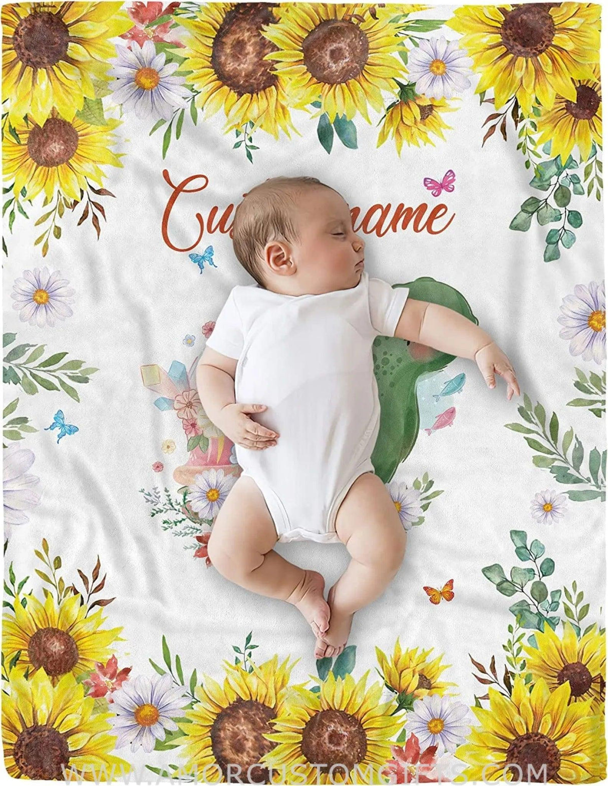 Blankets USA MADE Custom Turtle flower Baby Blanket, Blankets for Kids, Customized Baby Gifts - Floral Blanket