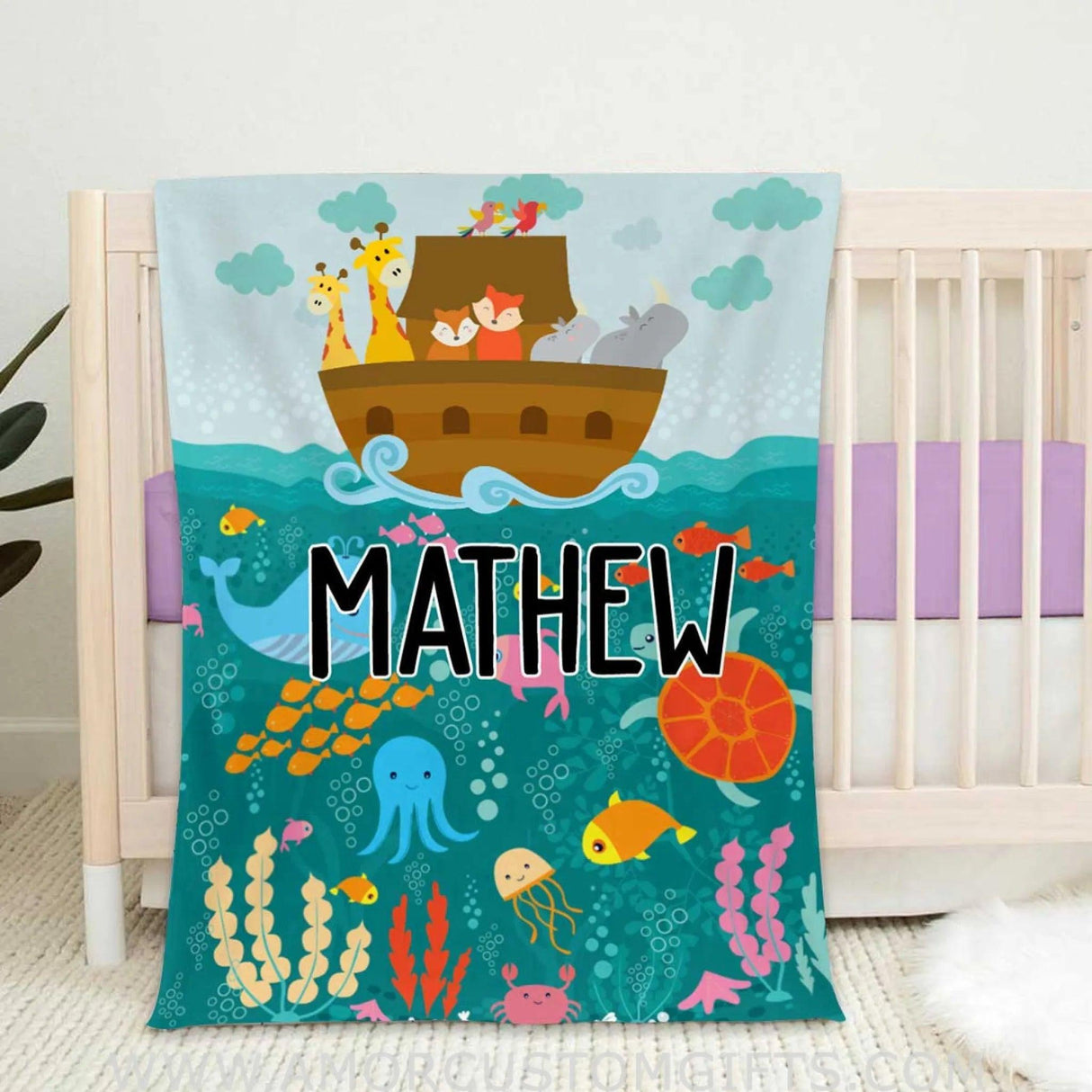 Blankets Customized Baby Blankets, Noah's boat - Noah's ark and Animals Throw Blanket Ocean Blanket for Boy and Girl