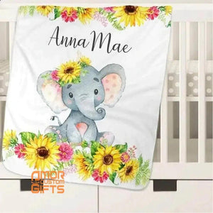 Blankets Customized Floral elephant Baby Name Fleece Blankets, Kids Elephant Throw Blanket