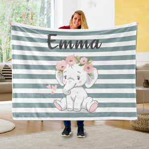 Blankets Customized Floral elephant Baby Name Fleece Blankets, Kids Elephant Throw Blanket