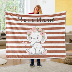 Blankets Customized Floral elephant Baby Name Fleece Blankets, Kids Elephant Throw Blanket