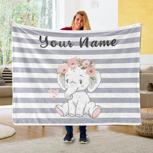 Blankets Customized Floral elephant Baby Name Fleece Blankets, Kids Elephant Throw Blanket