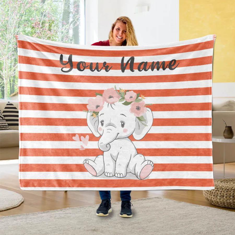 Blankets Customized Floral elephant Baby Name Fleece Blankets, Kids Elephant Throw Blanket