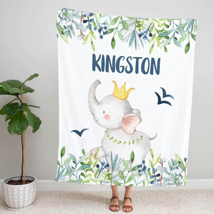 Blankets Customized Floral elephant Baby Name Fleece Blankets, Kids Elephant Throw Blanket