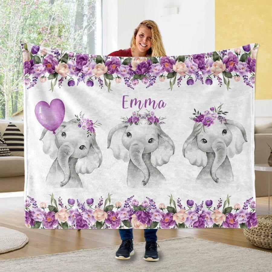 Blankets Customized Floral elephant Baby Name Fleece Blankets, Kids Elephant Throw Blanket