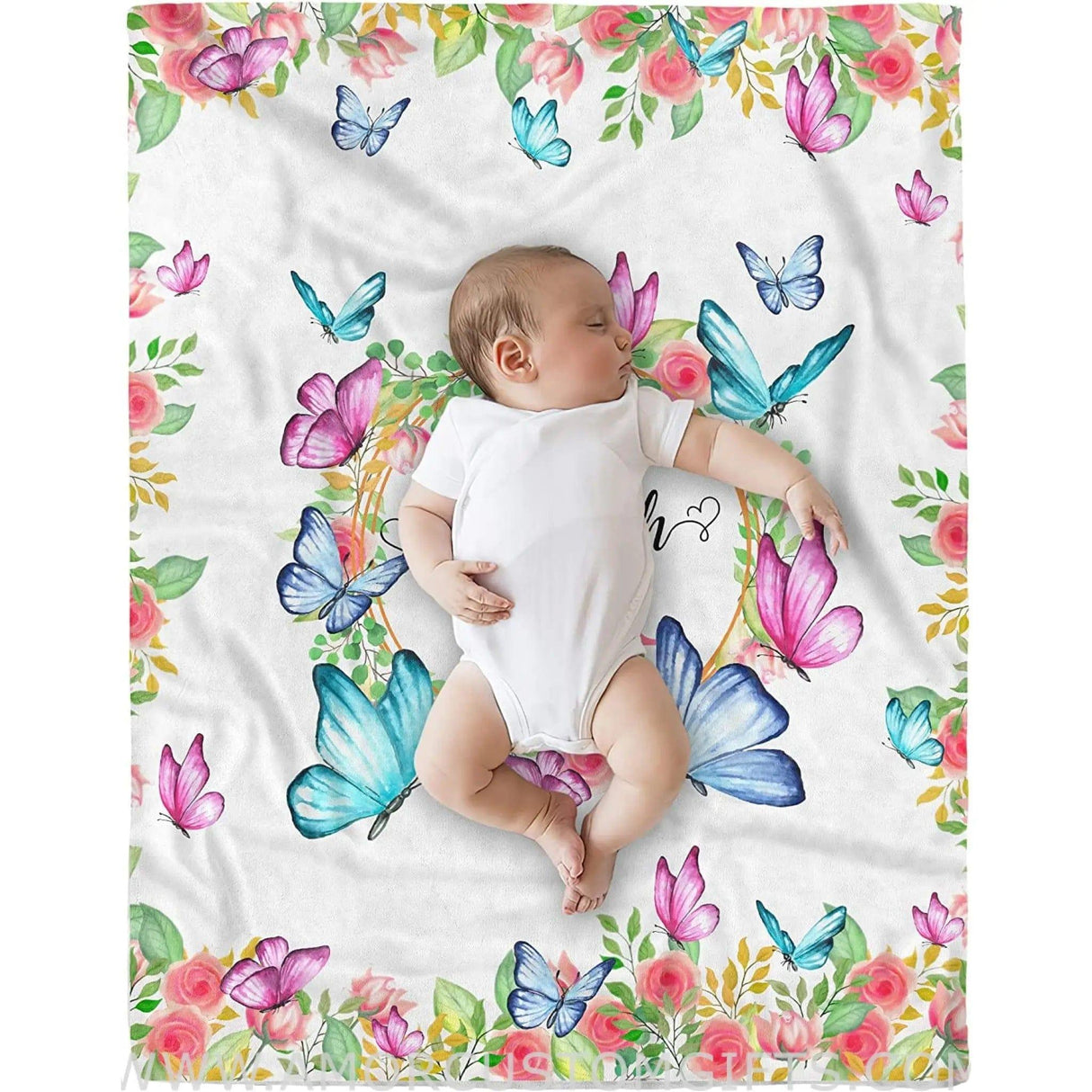 Blankets USA MADE Customized Monogrammed Baby Blanket, Blanket for Girls, Kids, Toddler, Butterfly Flora Blankets for Newborn Girls