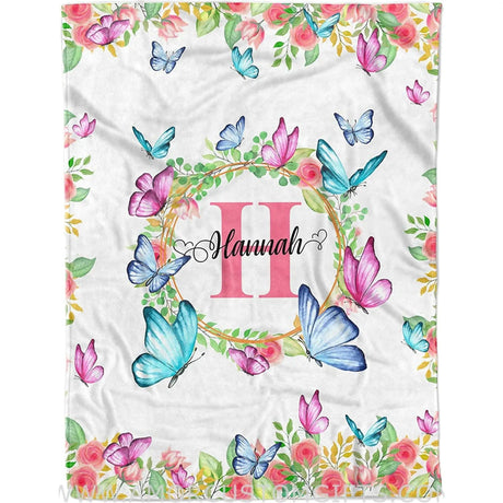 Blankets USA MADE Customized Monogrammed Baby Blanket, Blanket for Girls, Kids, Toddler, Butterfly Flora Blankets for Newborn Girls