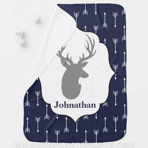 Blankets Deer Baby Blanket, Personalized Baby Boy Blanket, Modern Rustic Gray Deer & White Arrows Baby's Name Blanket, Baby Gifts