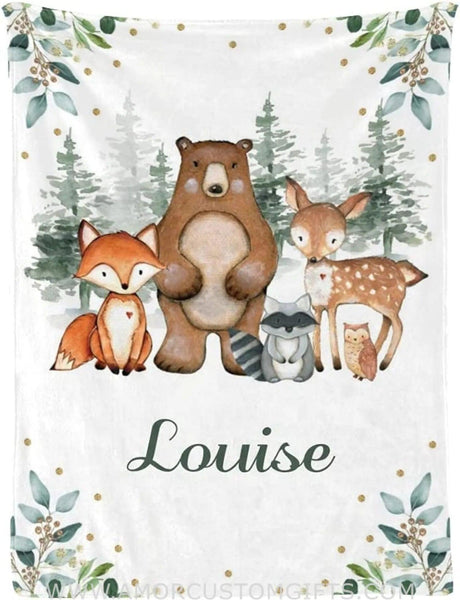 Blankets USA MADE Elegant Greenery Woodland Forest Animals Personalized Baby Blankets for Boys Girls, Baby Blankets Swaddle Newborn Gifts