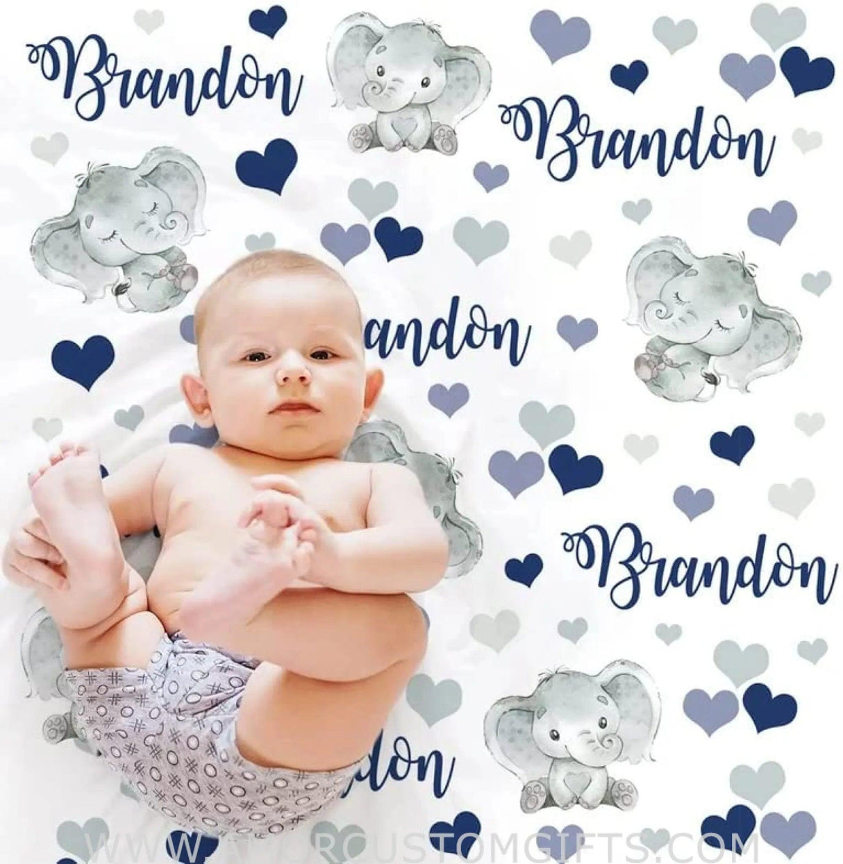 Blankets USA MADE Elephant Baby Blanket Personalized, Navy and Gray Elephant Baby Name Blanket, Elephant Baby Gift, Hearts, Baby Boy Elephant Blanket