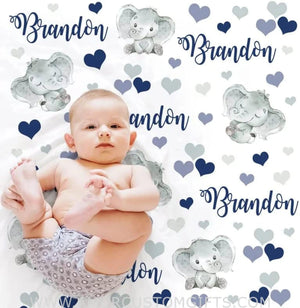 Blankets USA MADE Elephant Baby Blanket Personalized, Navy and Gray Elephant Baby Name Blanket, Elephant Baby Gift, Hearts, Baby Boy Elephant Blanket