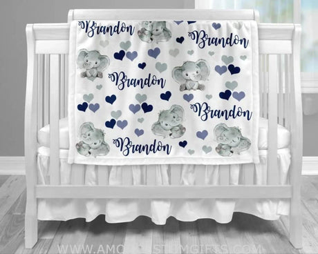 Blankets USA MADE Elephant Baby Blanket Personalized, Navy and Gray Elephant Baby Name Blanket, Elephant Baby Gift, Hearts, Baby Boy Elephant Blanket