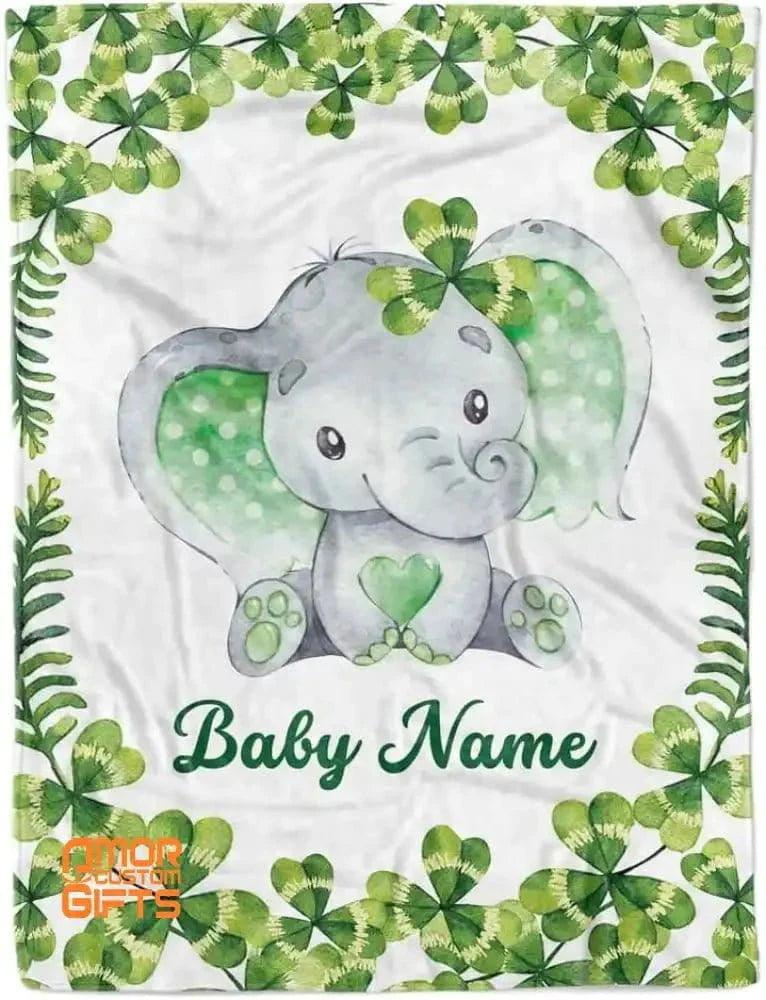 Blankets USA MADE Elephant St Patrick's Day Baby Blanket for Girl, Cozy Plush Fleece Blanket, Custom Baby Name blanket