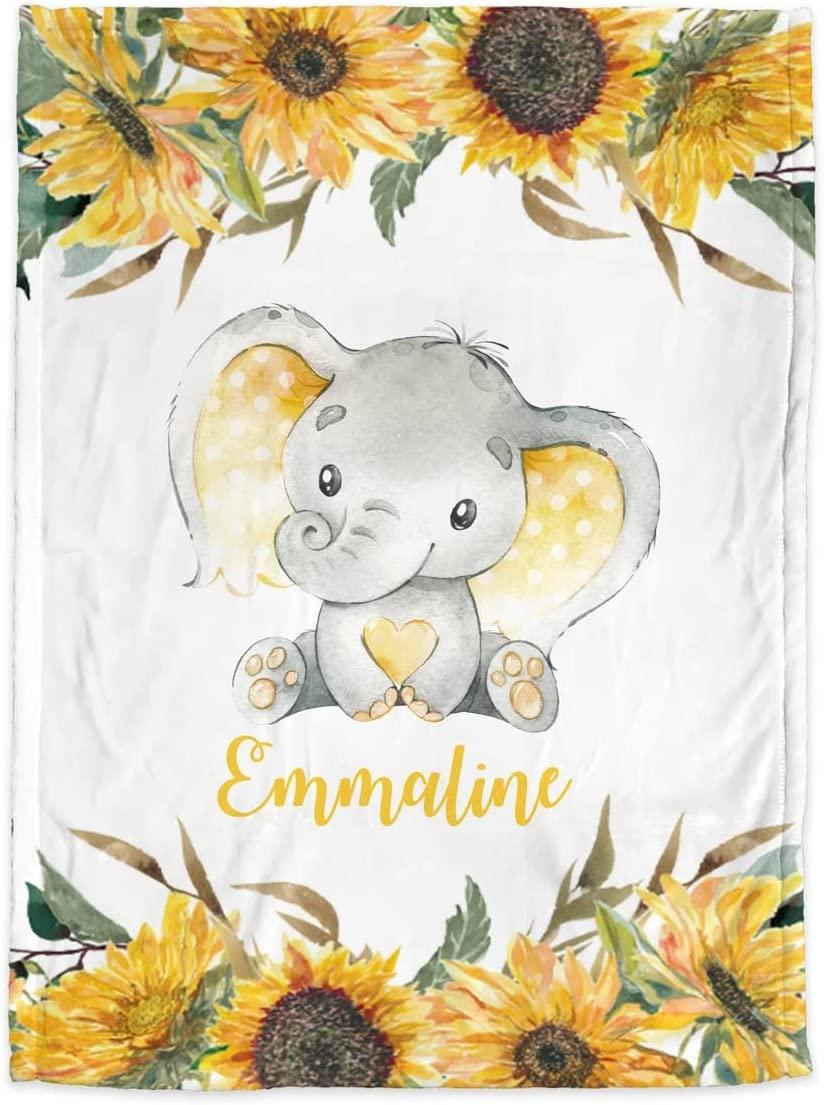 Blankets USA MADE Elephant Sunflowers Baby Blanket, Sunflower Personalized Baby Gift, Blanket with Elephants, Girl Personalized Blanket