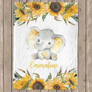 Blankets USA MADE Elephant Sunflowers Baby Blanket, Sunflower Personalized Baby Gift, Blanket with Elephants, Girl Personalized Blanket