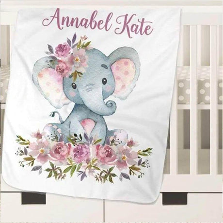 Blankets Floral Rose Elephant Baby Name Blanket, Baby Girl Elephant Blanket, Personalized Blanket for Infants Newborns Babies