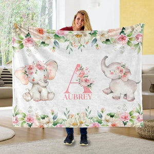 Blankets USA MADE Floral Rose Elephant Baby Name Blanket, Baby Girl Elephant Blanket, Personalized Blanket for Infants Newborns Babies