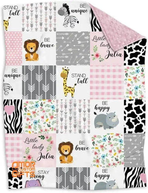 Blankets USA MADE Minky Baby Blankets, Personalized Zoo Animals Baby Blanket - Custom Cute Elephant, Giraffe blanket