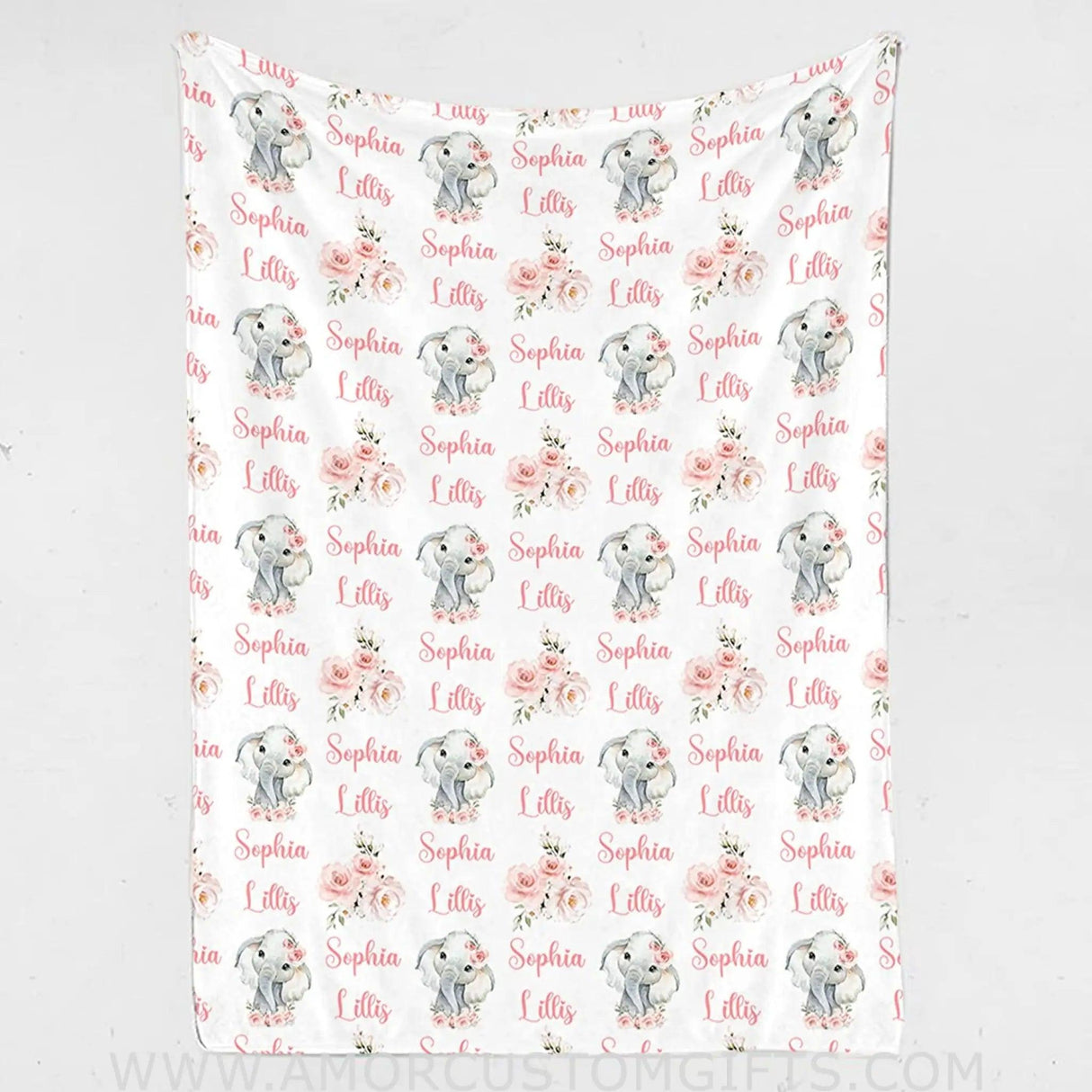 Blankets Monogrammed Baby Blanket - Personalized Baby Blanket for Girl with Name Reapeat, Custom Pink Floral Elephant Baby Blanket