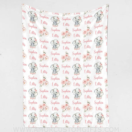 Blankets Monogrammed Baby Blanket - Personalized Baby Blanket for Girl with Name Reapeat, Custom Pink Floral Elephant Baby Blanket