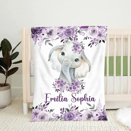 Blankets Personalized Baby Blanket - Baby Blanket for Girl with Name, Baby Girl Blanket, Purple Floral Elephant Blanket