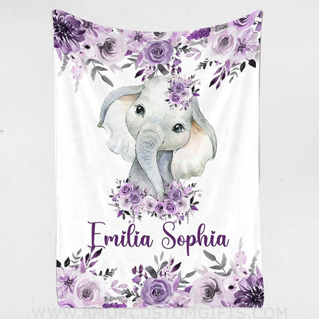 Blankets Personalized Baby Blanket - Baby Blanket for Girl with Name, Baby Girl Blanket, Purple Floral Elephant Blanket