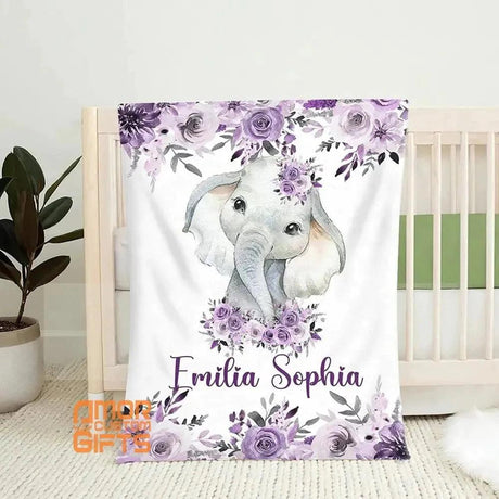 Blankets Personalized Baby Blanket Personalized Baby Blanket for Girl with Name, Baby Girl Blanket, Purple Floral Elephant Blanket,  30x40 50x60 60x80