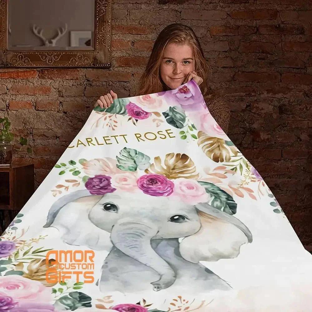 Blankets Personalized Baby Blanket with Name, Elephant Baby Blankets for Girls Baby Boy