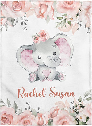 Blankets USA MADE Personalized Baby Blankets, Baby Blanket for Girls with Name, Baby Girl Gift, Fleece Sherpa Newborn Baby Elephants Best Gift for Baby