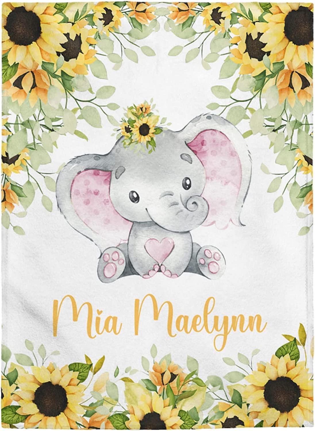 Blankets USA MADE Personalized Baby Blankets, Baby Blanket for Girls with Name, Baby Girl Gift, Fleece Sherpa Newborn Baby Elephants Best Gift for Baby